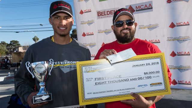 2018 MCAA Fastest Trowel on the Block winner Jose Soto (right) with tender Tomas Quinonez (left).