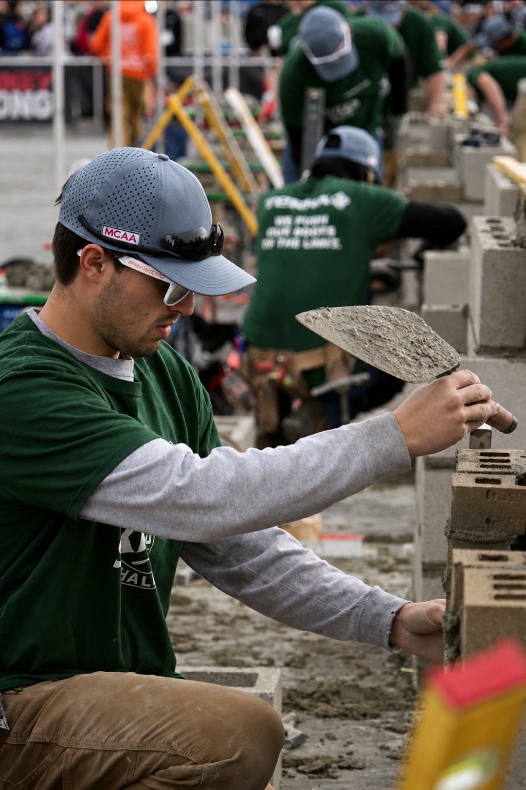 An apprentice setting brick during the Masonry Skills Challenge