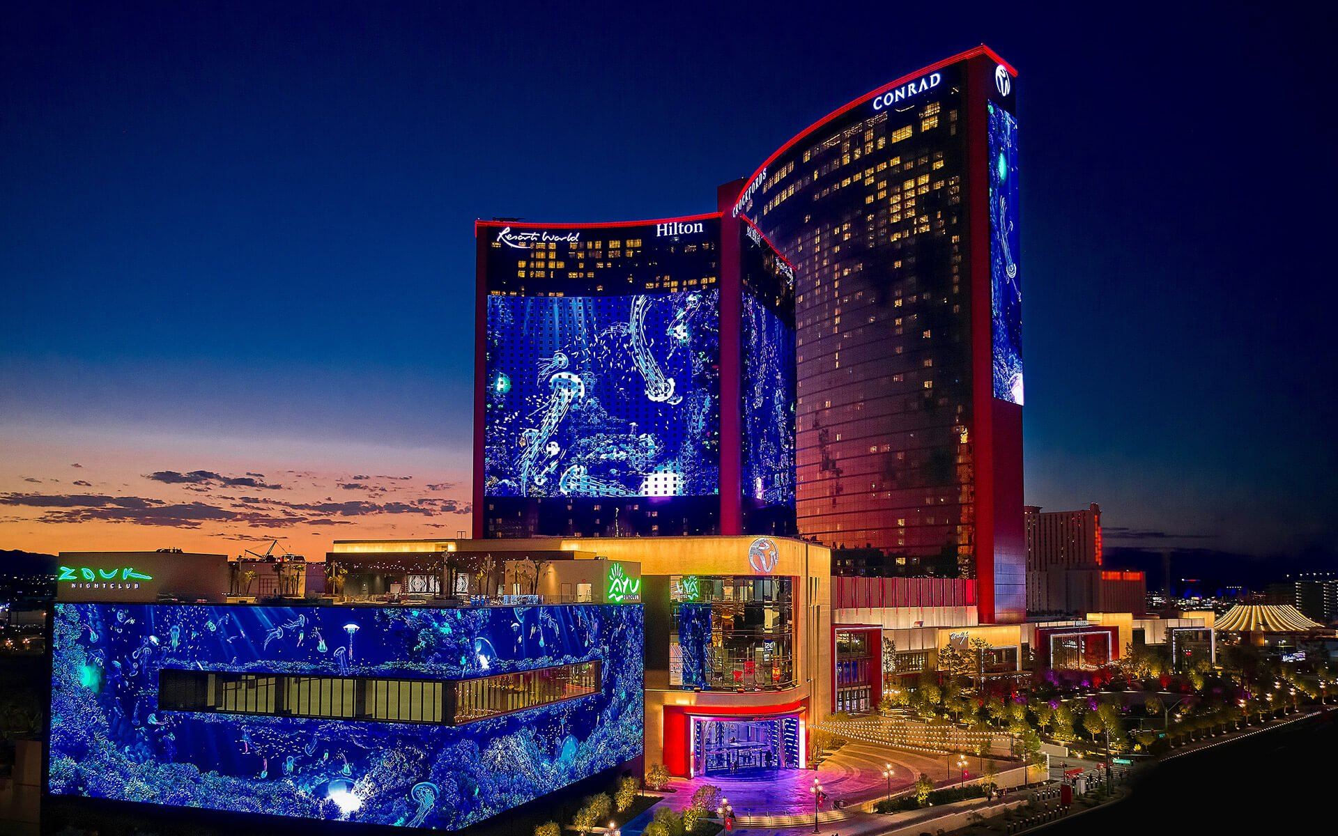 Resorts World Las Vegas at dusk
